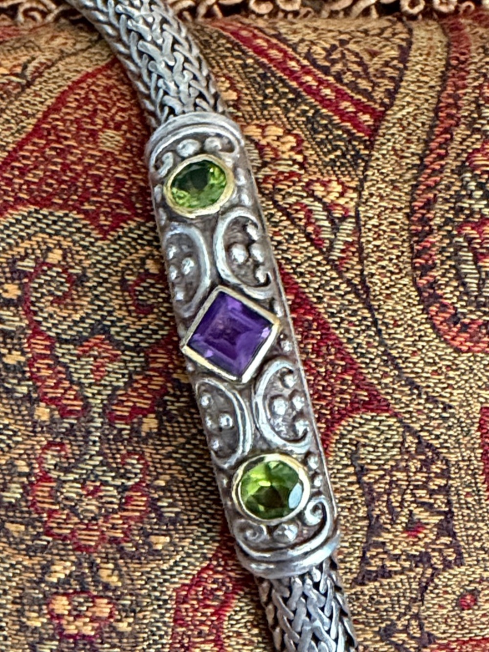 Intricate Sterling Silver Braided Women's Bracelet amethyst and peridot - Picture 7 of 17